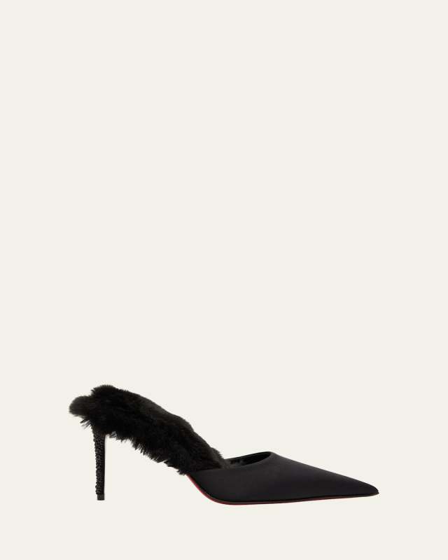 85mm KM Faux Fur Satin Mule Pumps